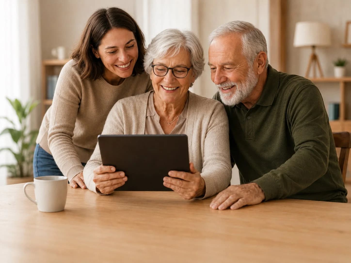 Family sitting together and reviewing health information on a tablet.